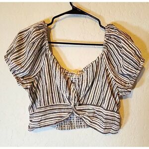 Aéropostale Black/White Striped Smocked Cropped Square Neck Puff Top L